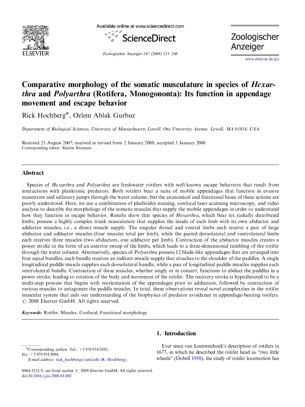 Comparative morphology of the somatic musculature in species of Hexarthra and Polyarthra (Rotifera, Monogononta): Its function in appendage movement and escape behavior