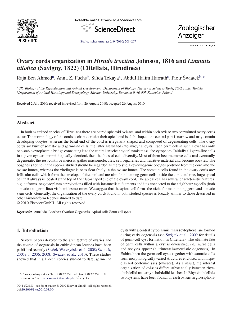 Ovary cords organization in Hirudo troctina Johnson, 1816 and Limnatis nilotica (Savigny, 1822) (Clitellata, Hirudinea)