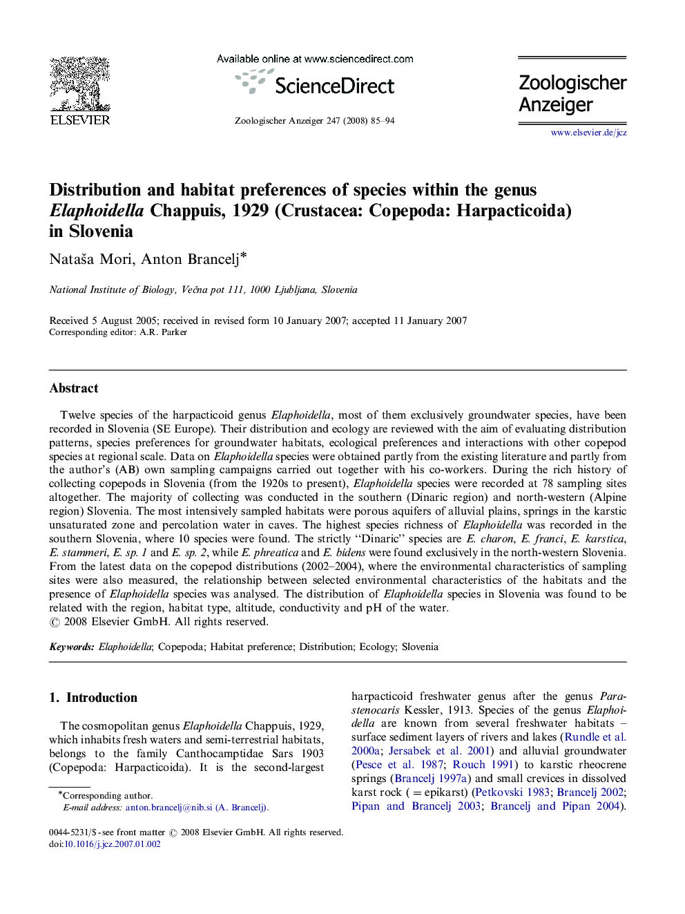 Distribution and habitat preferences of species within the genus Elaphoidella Chappuis, 1929 (Crustacea: Copepoda: Harpacticoida) in Slovenia