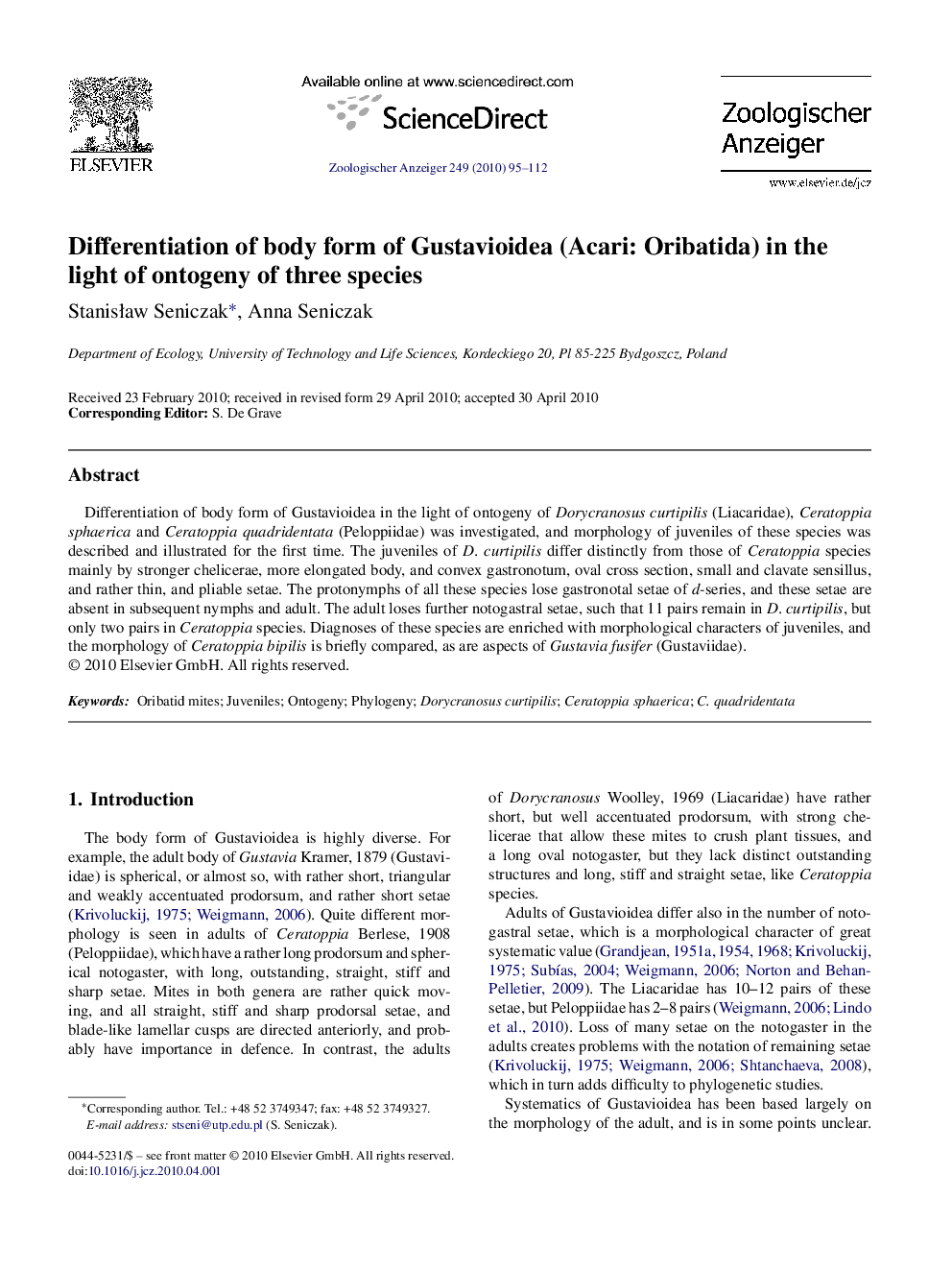 Differentiation of body form of Gustavioidea (Acari: Oribatida) in the light of ontogeny of three species