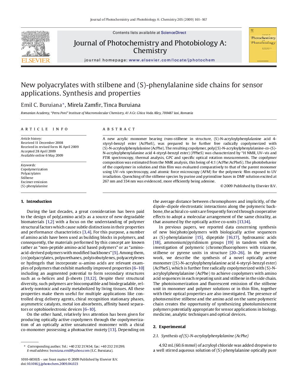 New polyacrylates with stilbene and (S)-phenylalanine side chains for sensor applications. Synthesis and properties