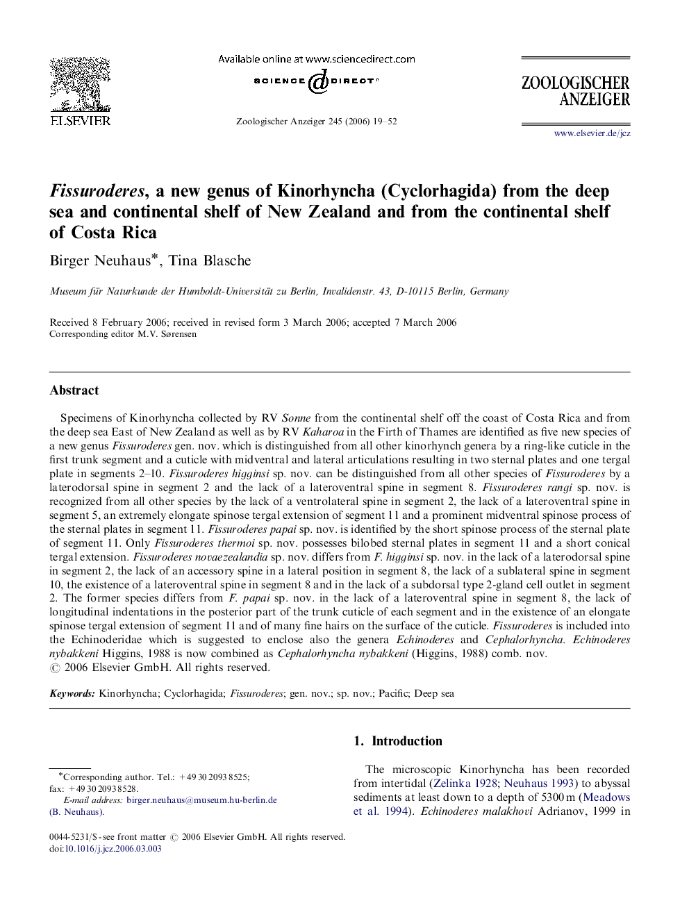 Fissuroderes, a new genus of Kinorhyncha (Cyclorhagida) from the deep sea and continental shelf of New Zealand and from the continental shelf of Costa Rica