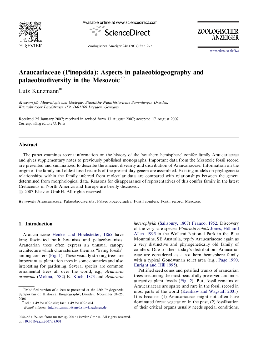 Araucariaceae (Pinopsida): Aspects in palaeobiogeography and palaeobiodiversity in the Mesozoic 