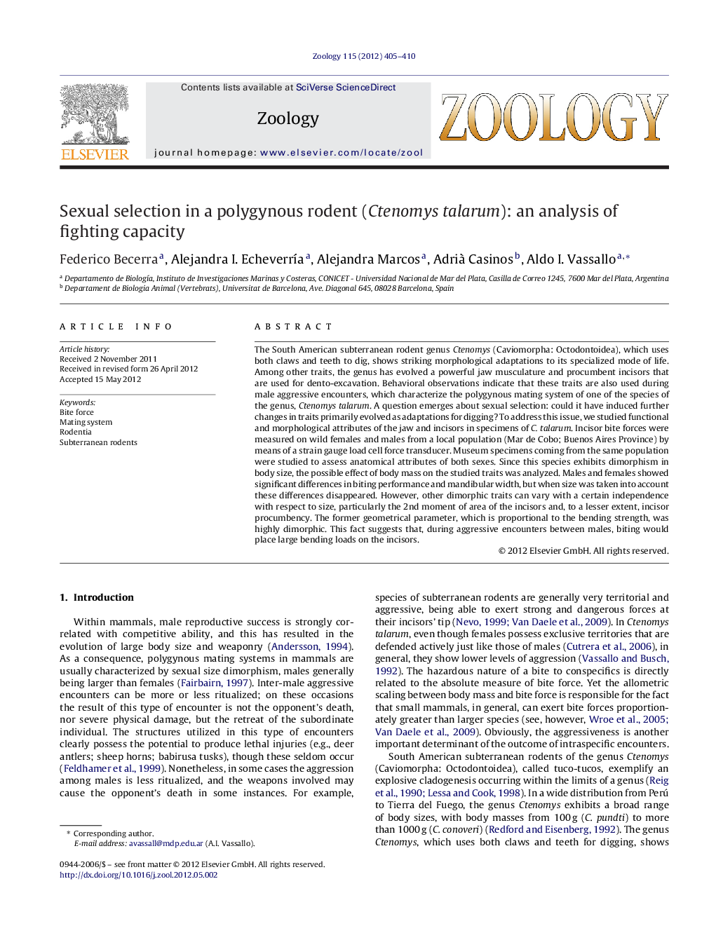 Sexual selection in a polygynous rodent (Ctenomys talarum): an analysis of fighting capacity