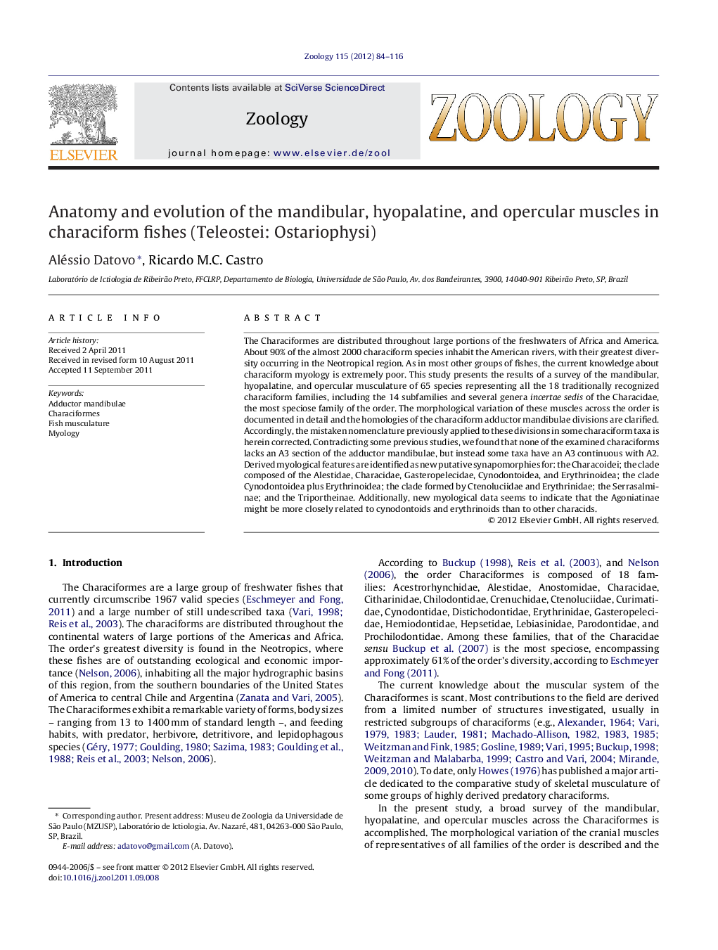 Anatomy and evolution of the mandibular, hyopalatine, and opercular muscles in characiform fishes (Teleostei: Ostariophysi)