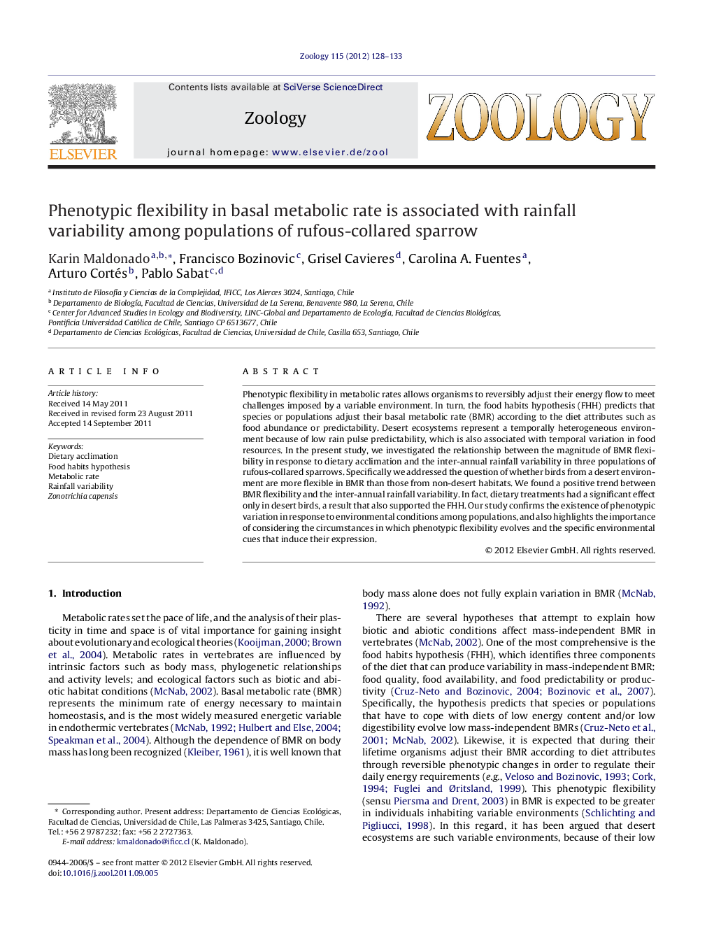 Phenotypic flexibility in basal metabolic rate is associated with rainfall variability among populations of rufous-collared sparrow