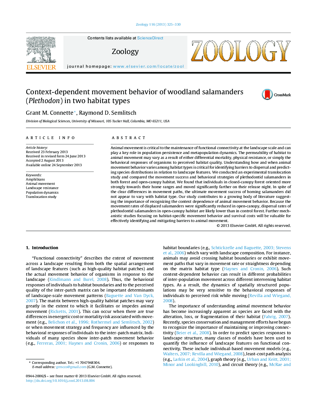 Context-dependent movement behavior of woodland salamanders (Plethodon) in two habitat types