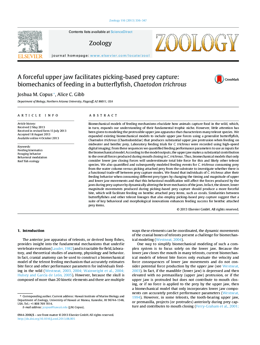 A forceful upper jaw facilitates picking-based prey capture: biomechanics of feeding in a butterflyfish, Chaetodon trichrous