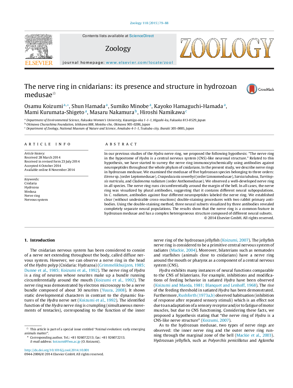 The nerve ring in cnidarians: its presence and structure in hydrozoan medusae 