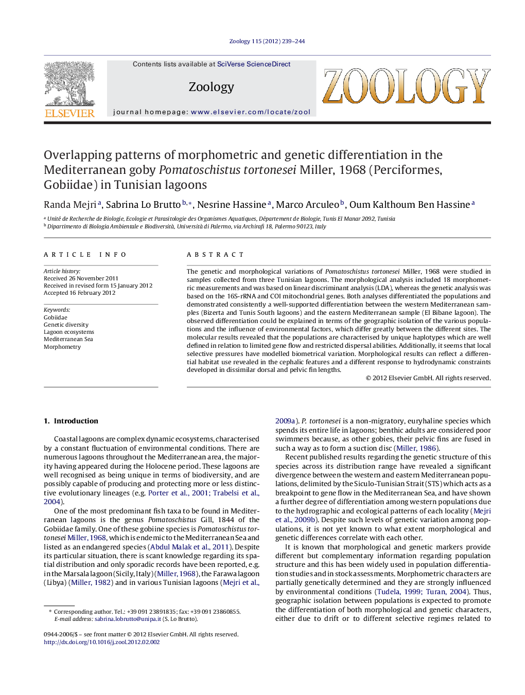 Overlapping patterns of morphometric and genetic differentiation in the Mediterranean goby Pomatoschistus tortonesei Miller, 1968 (Perciformes, Gobiidae) in Tunisian lagoons