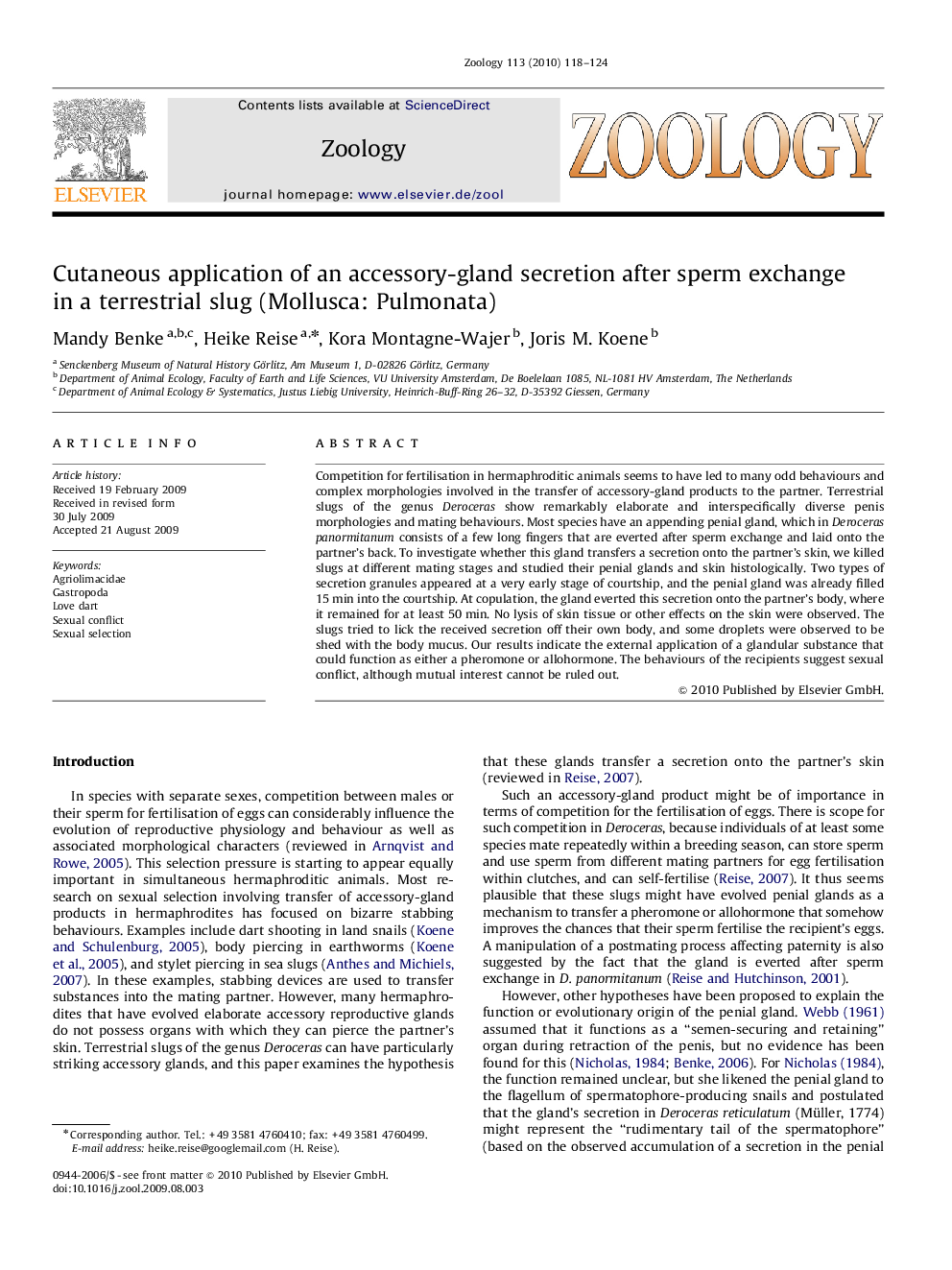 Cutaneous application of an accessory-gland secretion after sperm exchange in a terrestrial slug (Mollusca: Pulmonata)