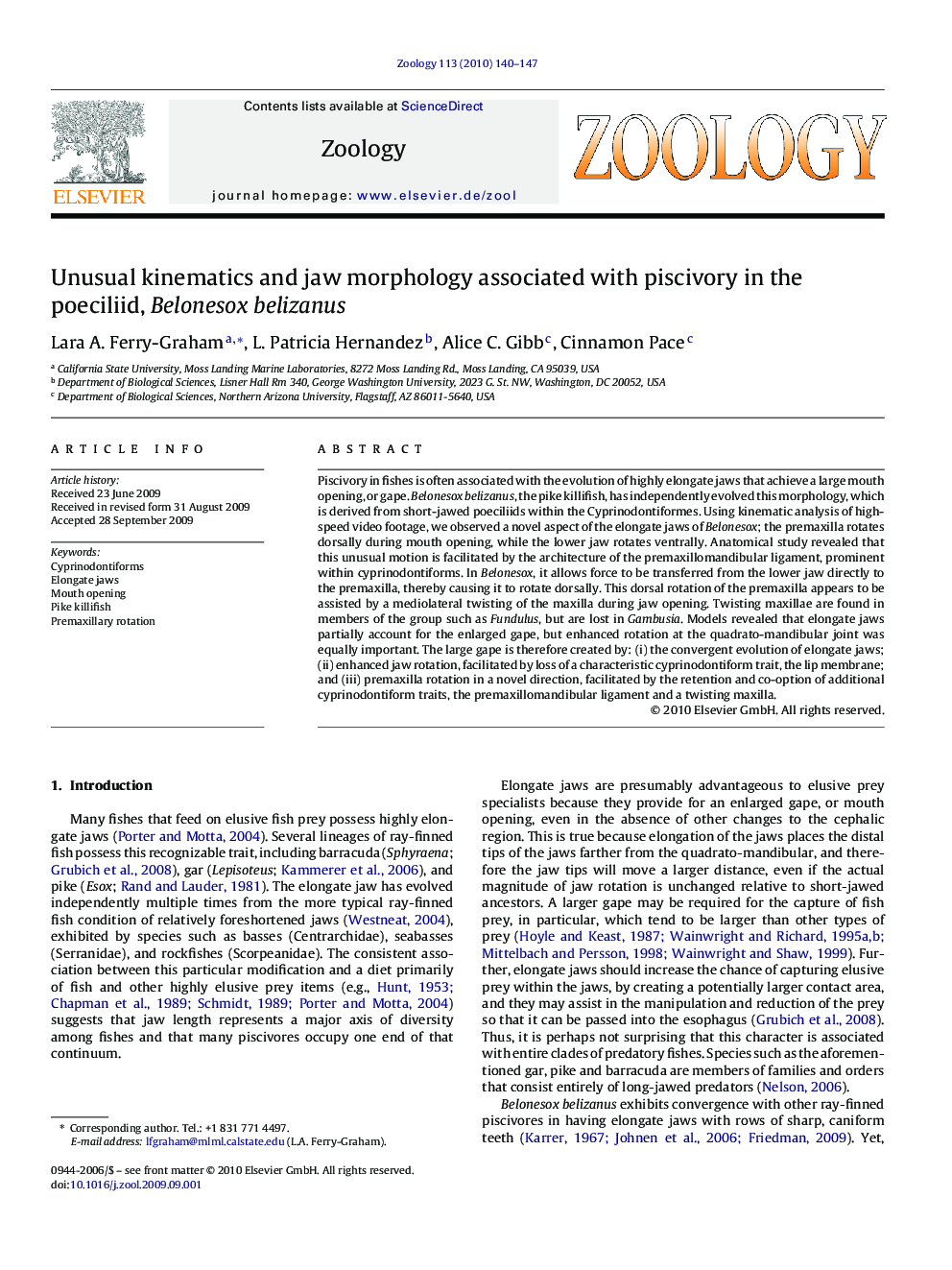 Unusual kinematics and jaw morphology associated with piscivory in the poeciliid, Belonesox belizanus