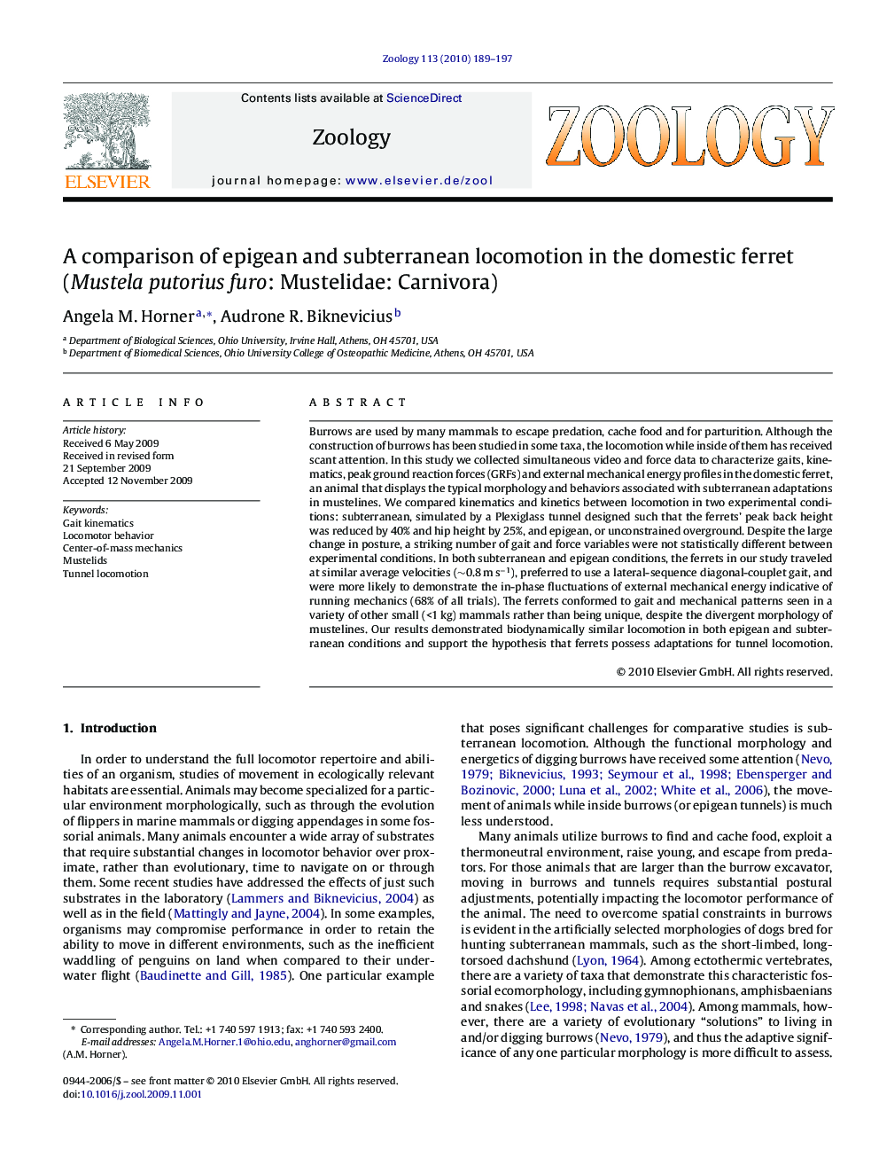 A comparison of epigean and subterranean locomotion in the domestic ferret (Mustela putorius furo: Mustelidae: Carnivora)