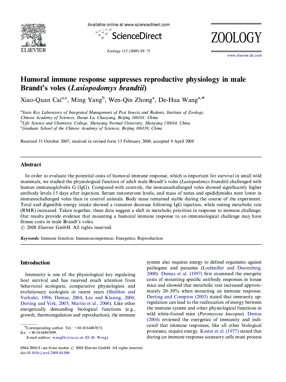 Humoral immune response suppresses reproductive physiology in male Brandt's voles (Lasiopodomys brandtii)