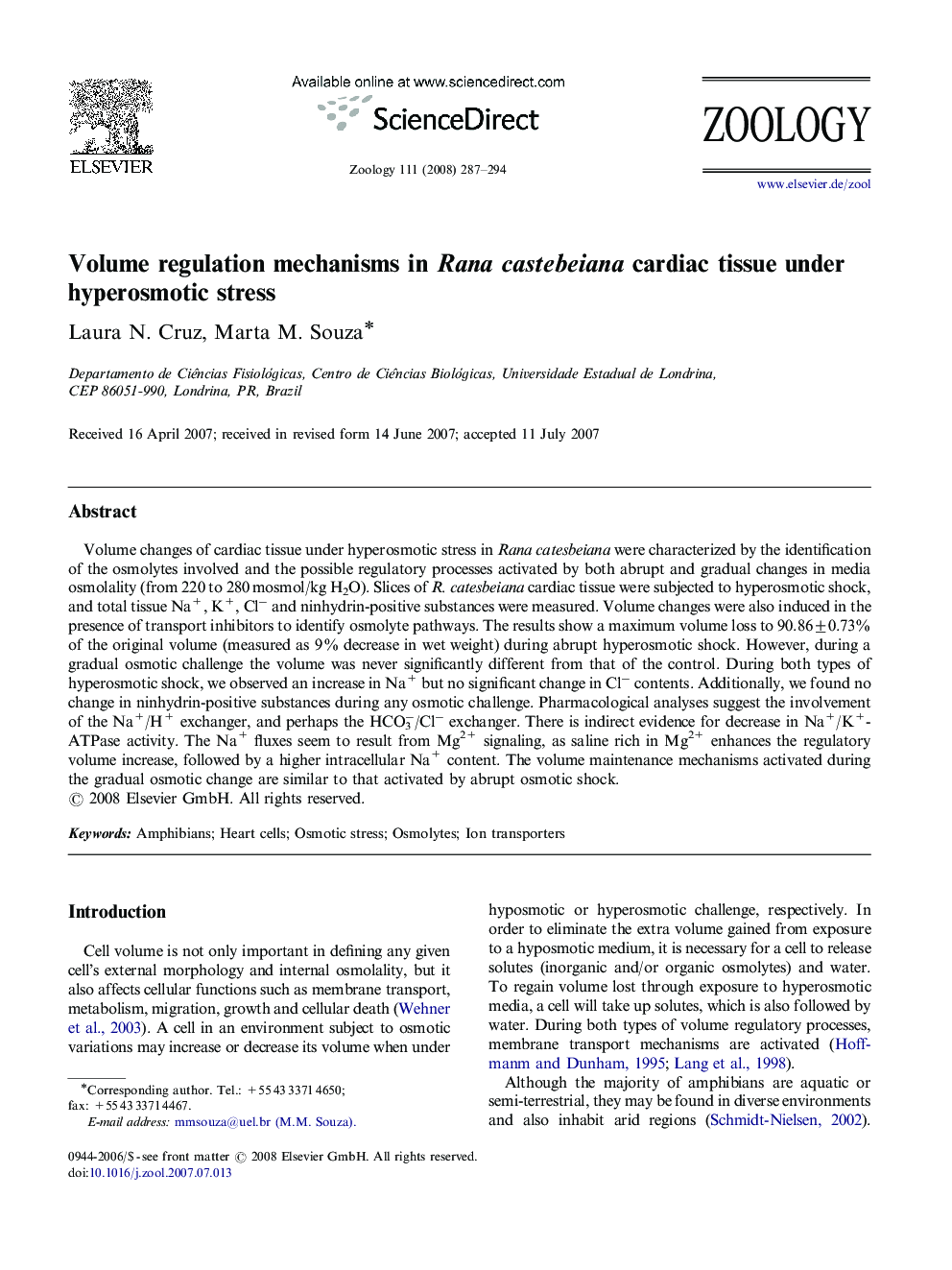 Volume regulation mechanisms in Rana castebeiana cardiac tissue under hyperosmotic stress