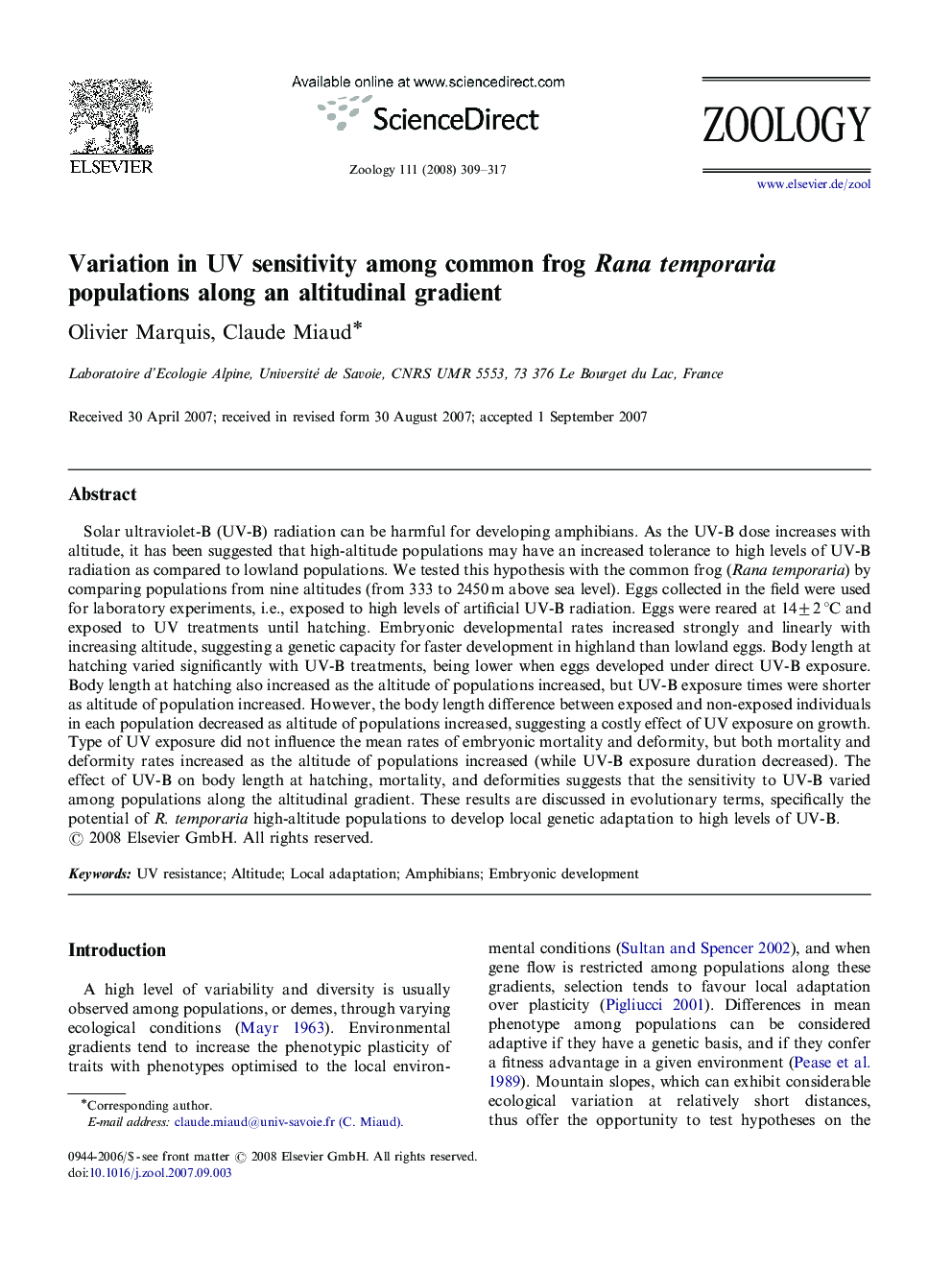 Variation in UV sensitivity among common frog Rana temporaria populations along an altitudinal gradient