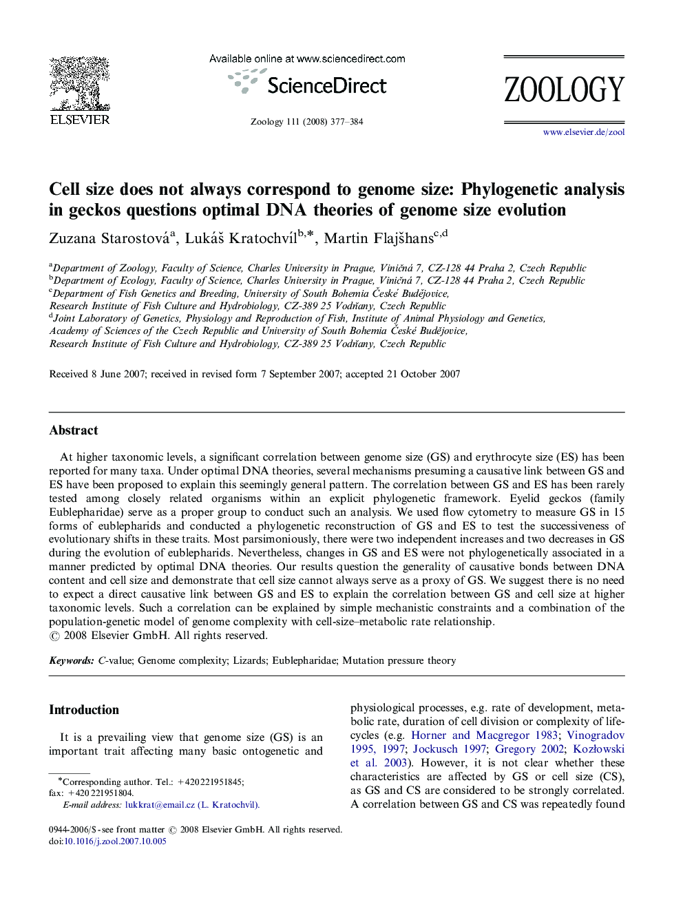 Cell size does not always correspond to genome size: Phylogenetic analysis in geckos questions optimal DNA theories of genome size evolution