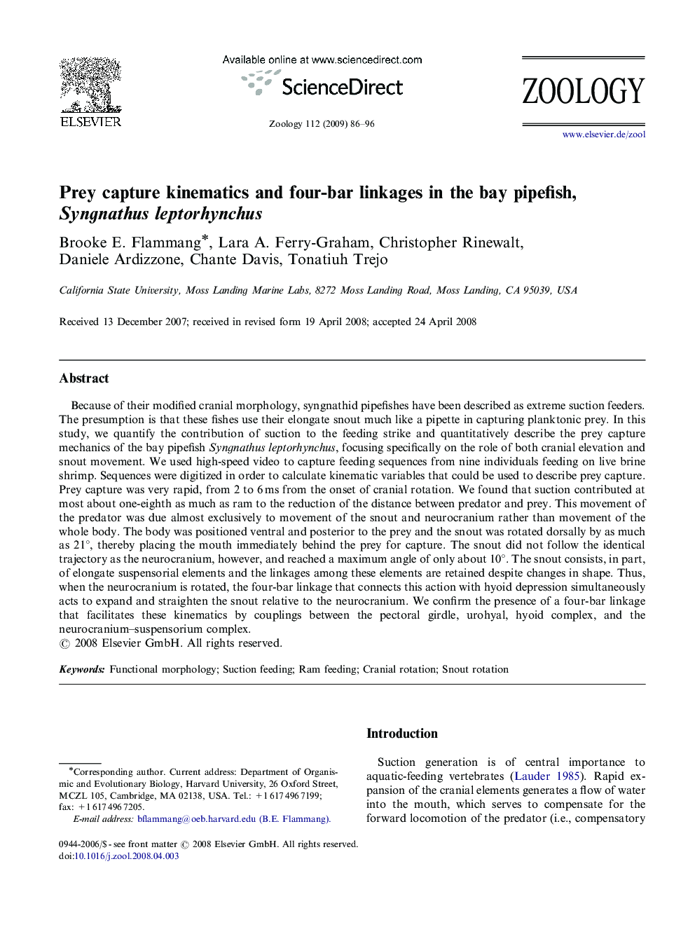Prey capture kinematics and four-bar linkages in the bay pipefish, Syngnathus leptorhynchus