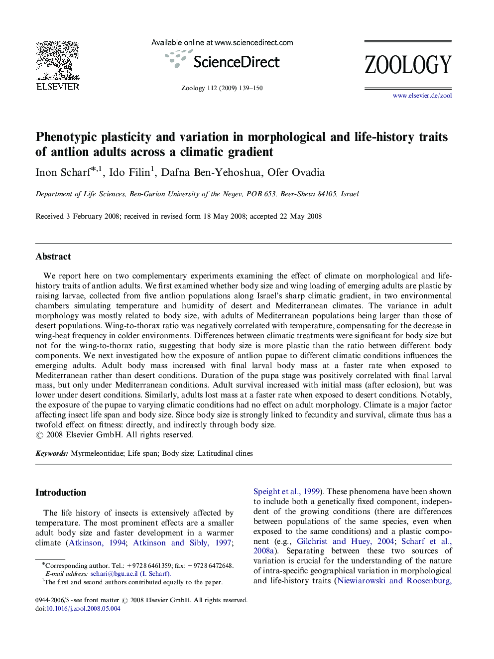 Phenotypic plasticity and variation in morphological and life-history traits of antlion adults across a climatic gradient