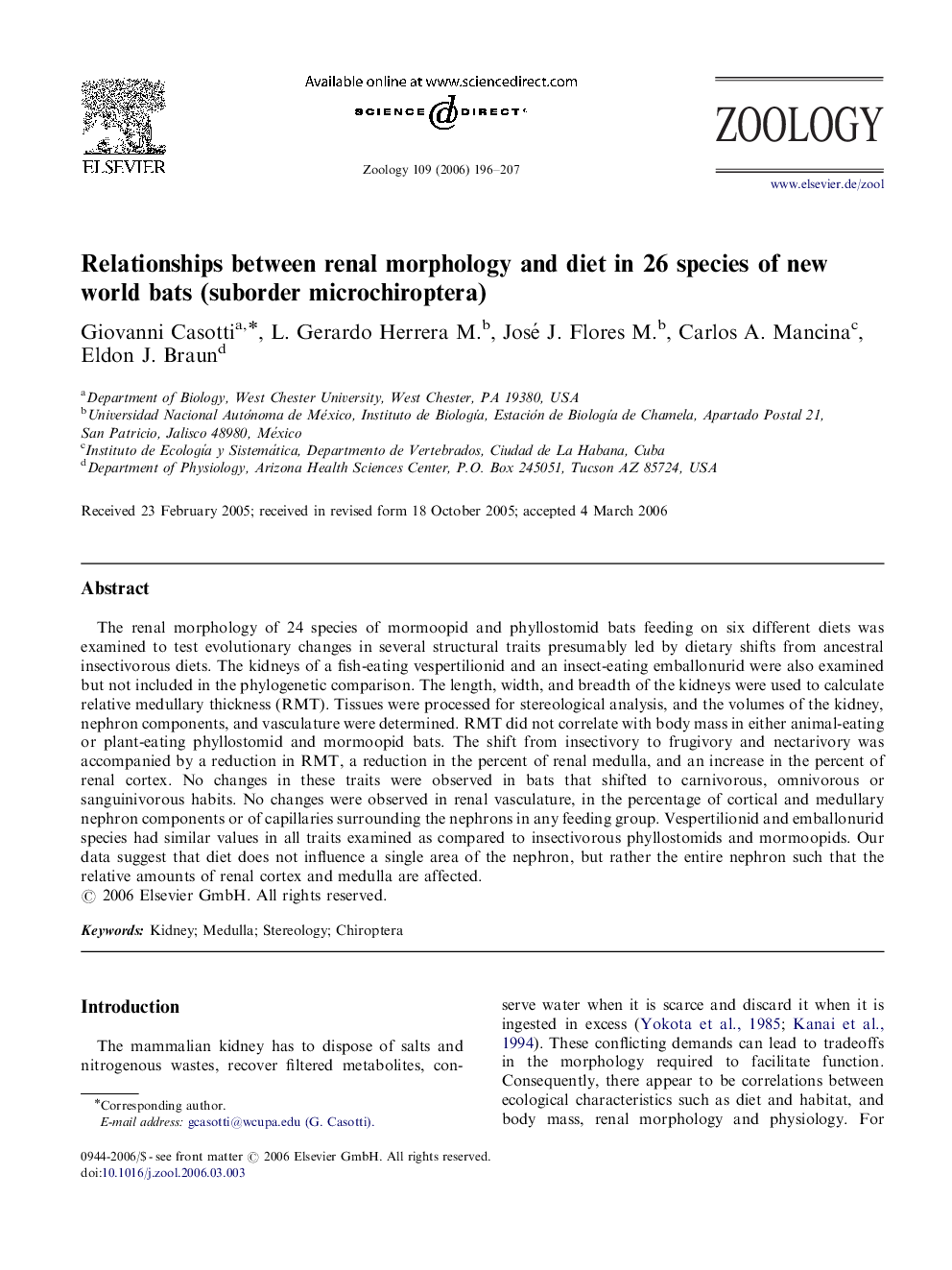 Relationships between renal morphology and diet in 26 species of new world bats (suborder microchiroptera)