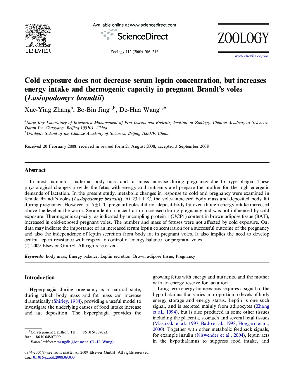 Cold exposure does not decrease serum leptin concentration, but increases energy intake and thermogenic capacity in pregnant Brandt's voles (Lasiopodomys brandtii)