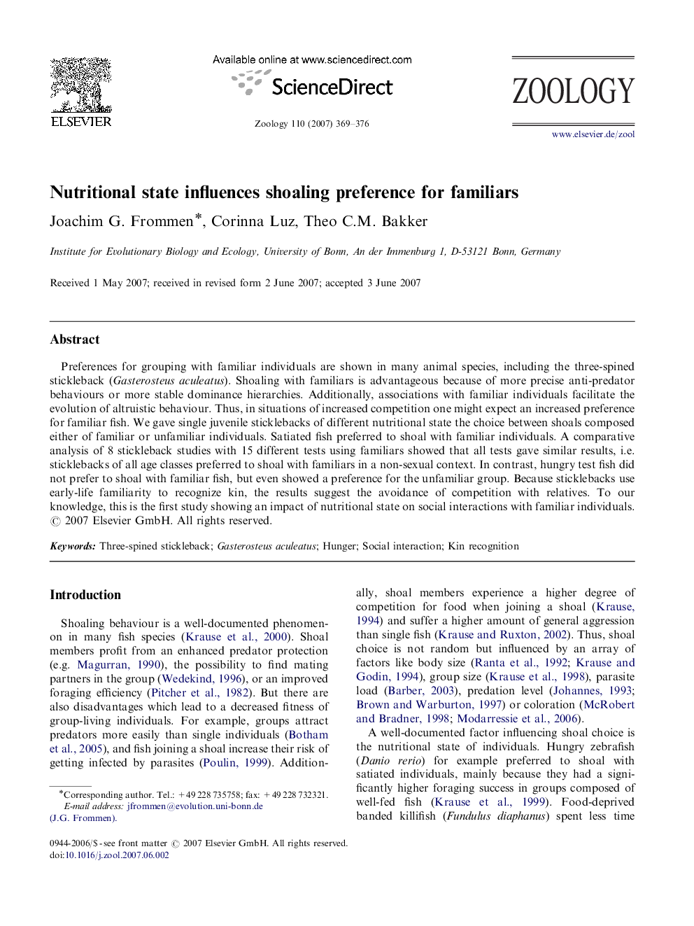 Nutritional state influences shoaling preference for familiars