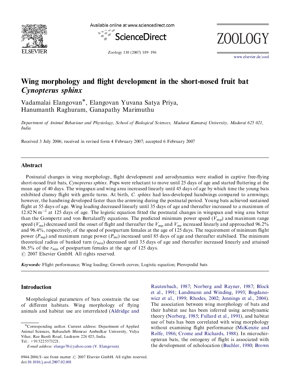 Wing morphology and flight development in the short-nosed fruit bat Cynopterus sphinx