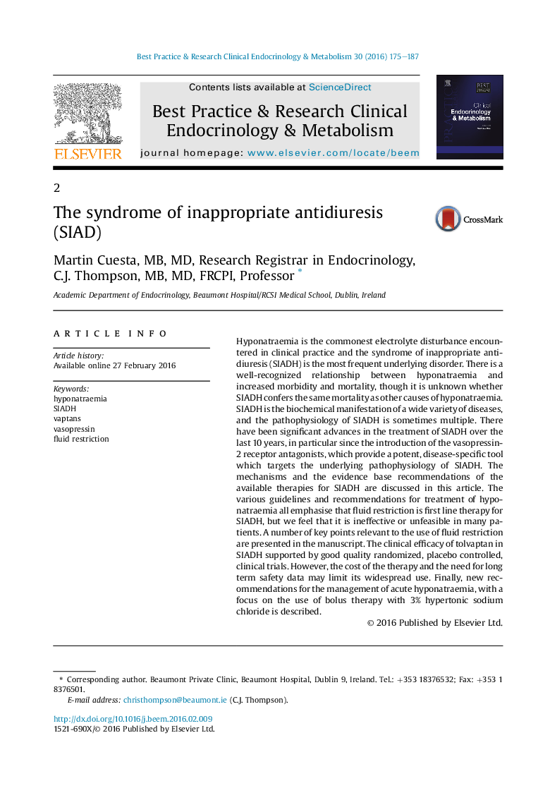 The syndrome of inappropriate antidiuresis (SIAD)