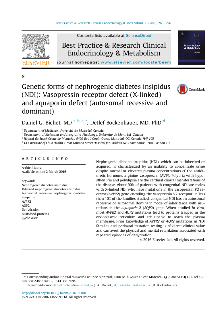 Genetic forms of nephrogenic diabetes insipidus (NDI): Vasopressin receptor defect (X-linked) and aquaporin defect (autosomal recessive and dominant)