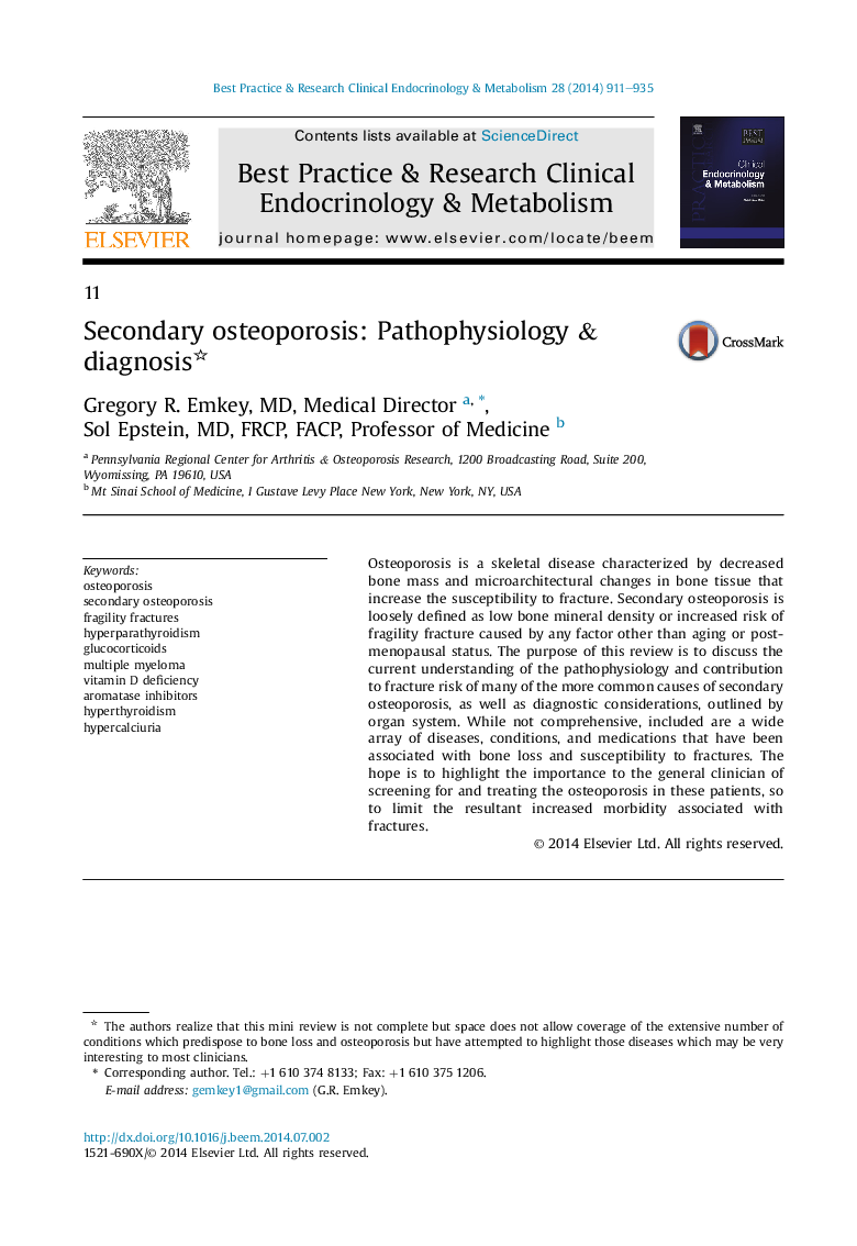 Secondary osteoporosis: Pathophysiology & diagnosis 