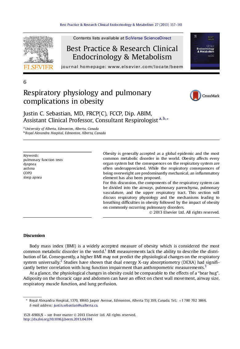 Respiratory physiology and pulmonary complications in obesity