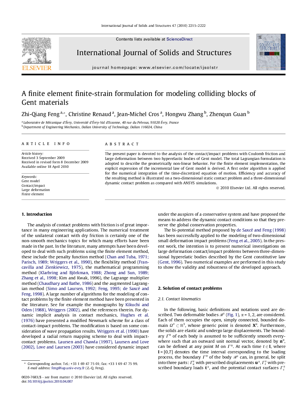 A finite element finite-strain formulation for modeling colliding blocks of Gent materials