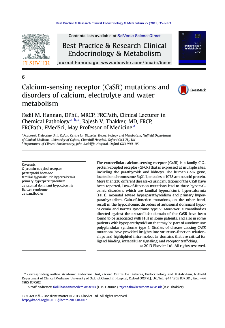 Calcium-sensing receptor (CaSR) mutations and disorders of calcium, electrolyte and water metabolism