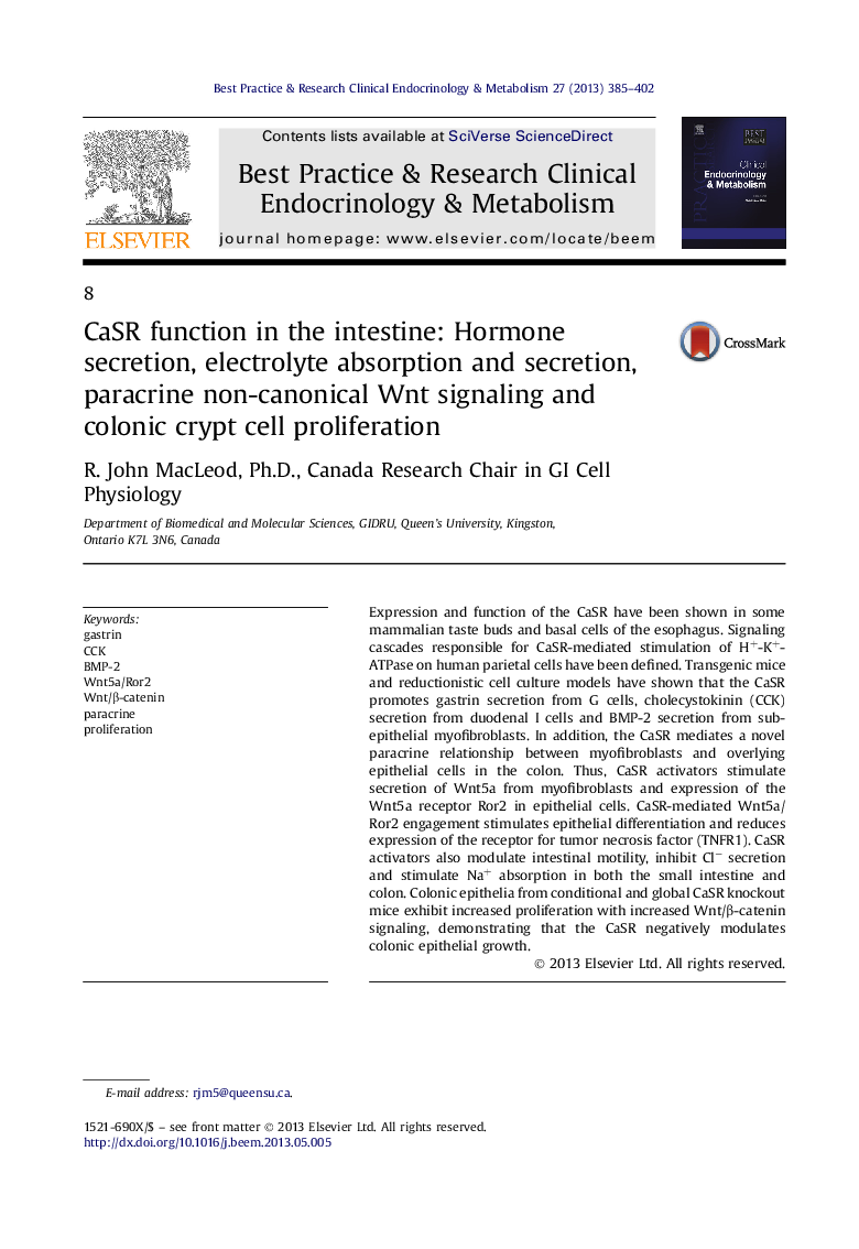 CaSR function in the intestine: Hormone secretion, electrolyte absorption and secretion, paracrine non-canonical Wnt signaling and colonic crypt cell proliferation