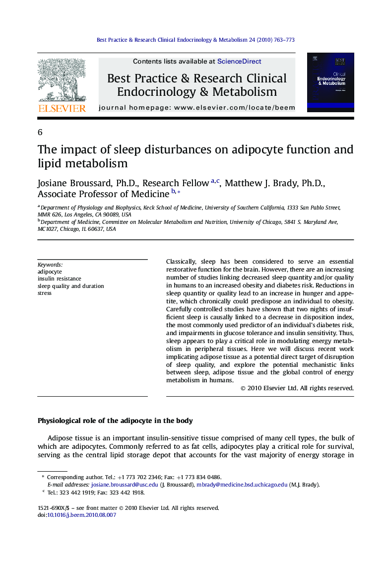 The impact of sleep disturbances on adipocyte function and lipid metabolism