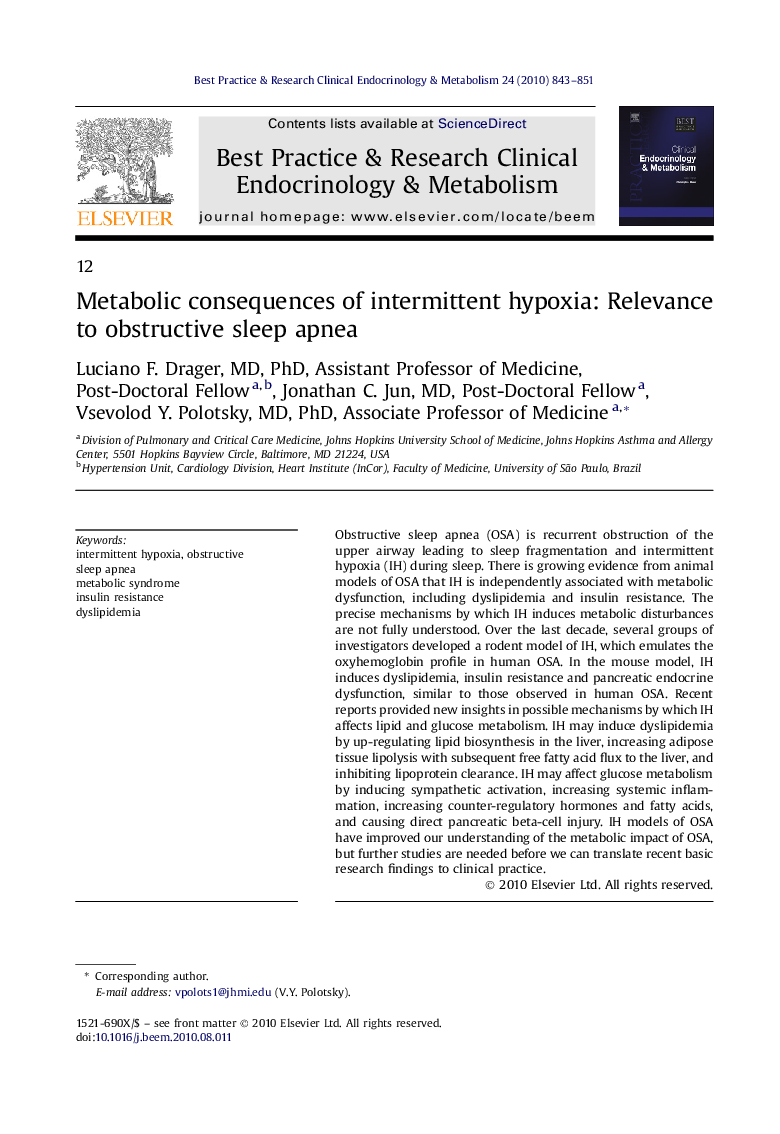 Metabolic consequences of intermittent hypoxia: Relevance to obstructive sleep apnea