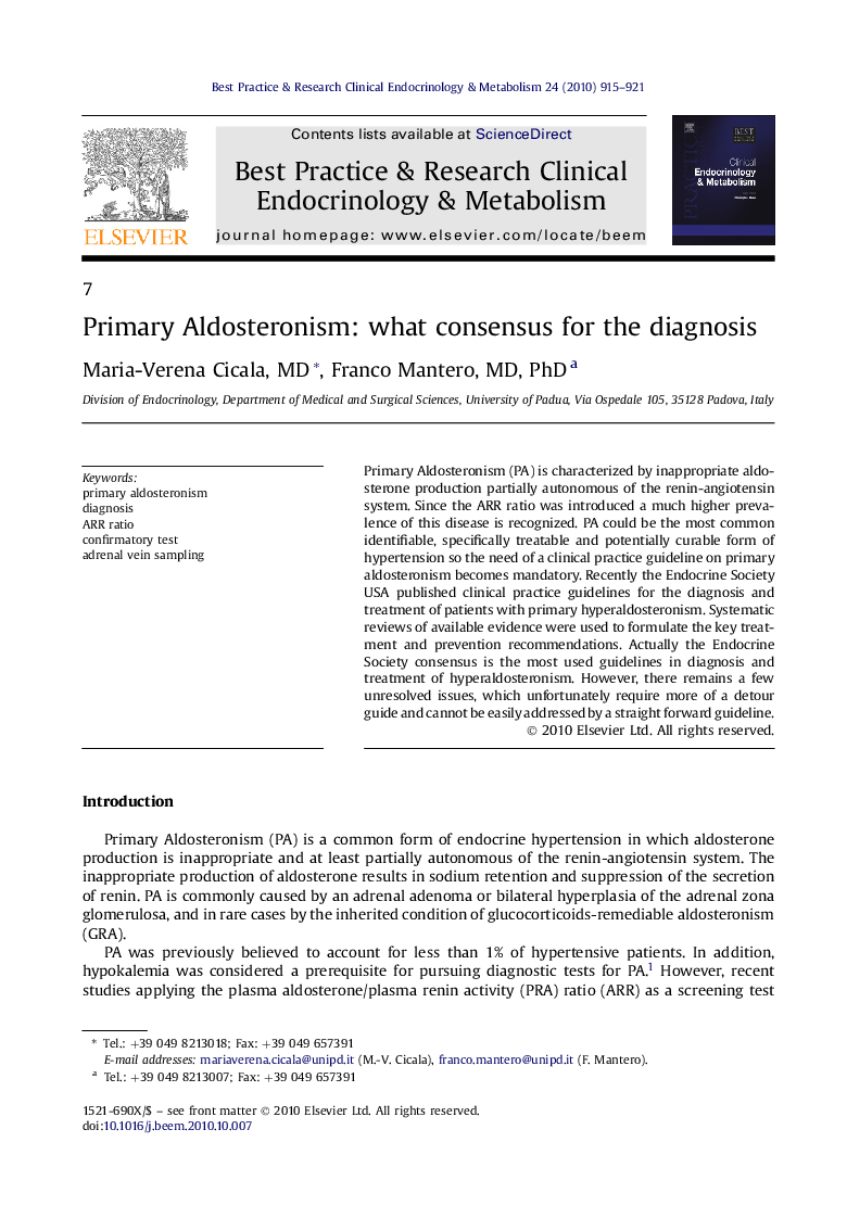 Primary Aldosteronism: what consensus for the diagnosis