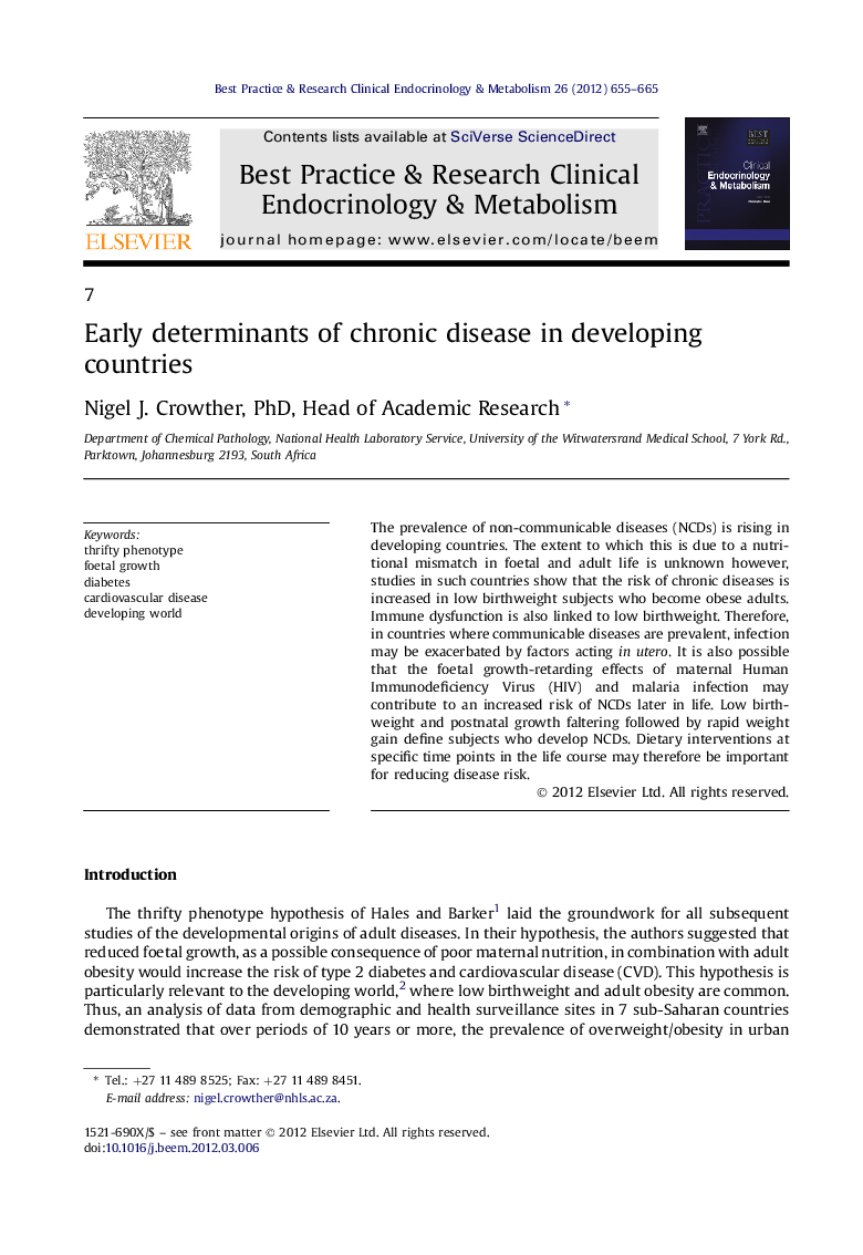 Early determinants of chronic disease in developing countries