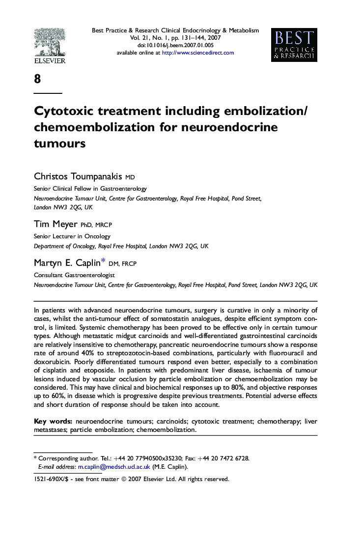 Cytotoxic treatment including embolization/chemoembolization for neuroendocrine tumours