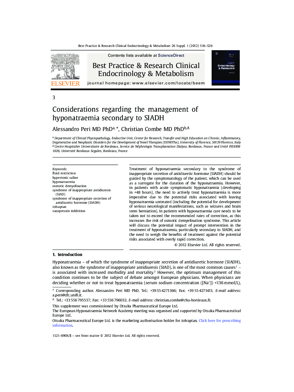 3 Considerations regarding the management of hyponatraemia secondary to SIADH 