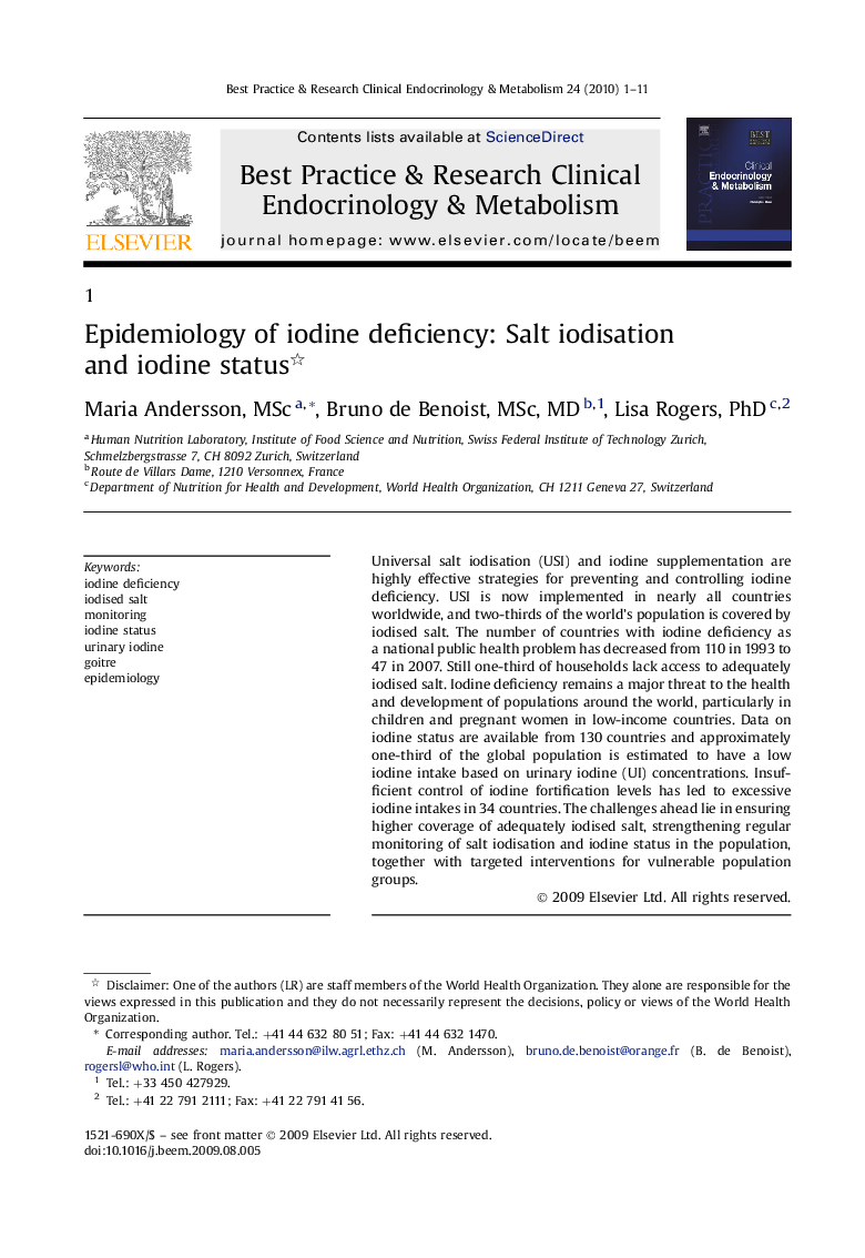 Epidemiology of iodine deficiency: Salt iodisation and iodine status 