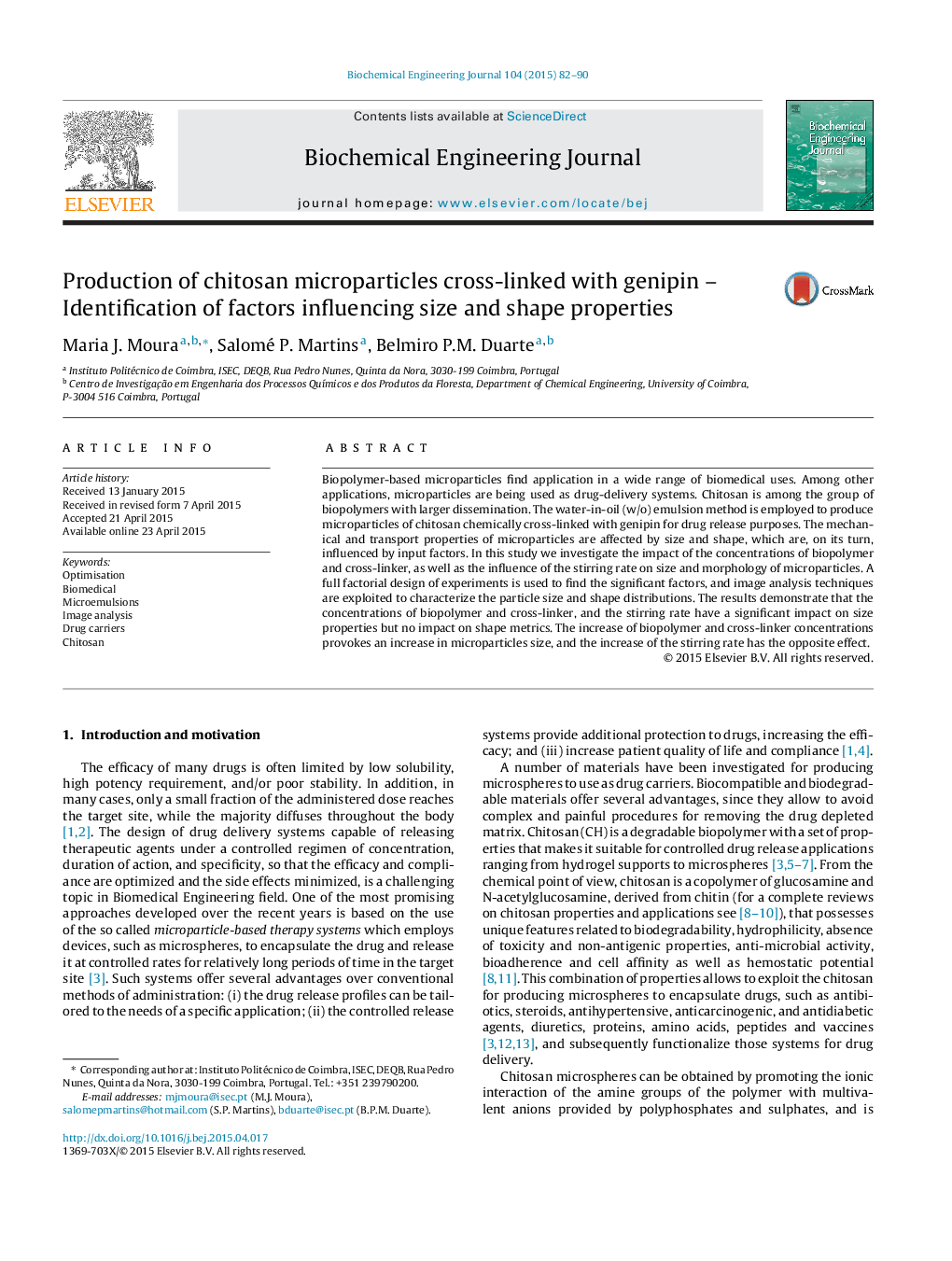 Production of chitosan microparticles cross-linked with genipin – Identification of factors influencing size and shape properties