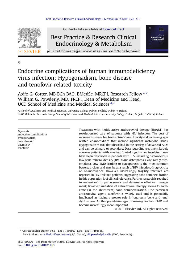 Endocrine complications of human immunodeficiency virus infection: Hypogonadism, bone disease and tenofovir-related toxicity