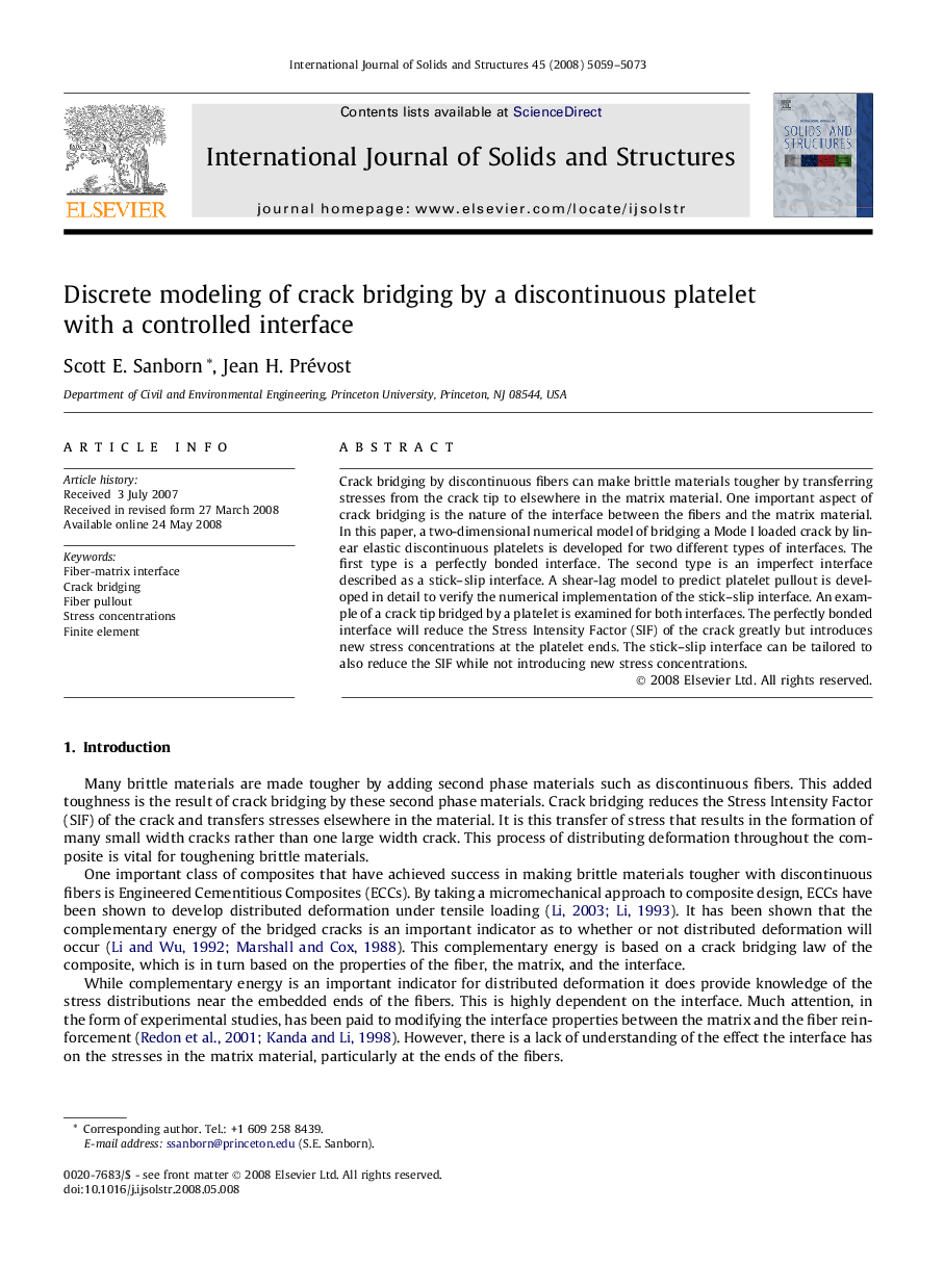 Discrete modeling of crack bridging by a discontinuous platelet with a controlled interface