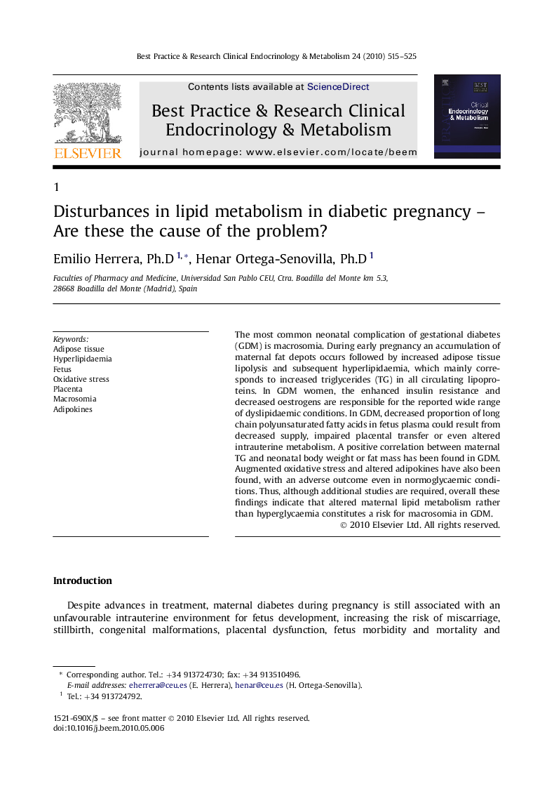 Disturbances in lipid metabolism in diabetic pregnancy – Are these the cause of the problem?