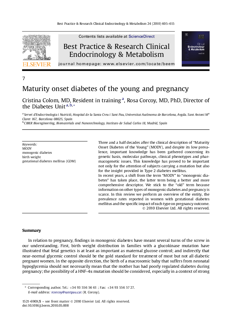 Maturity onset diabetes of the young and pregnancy