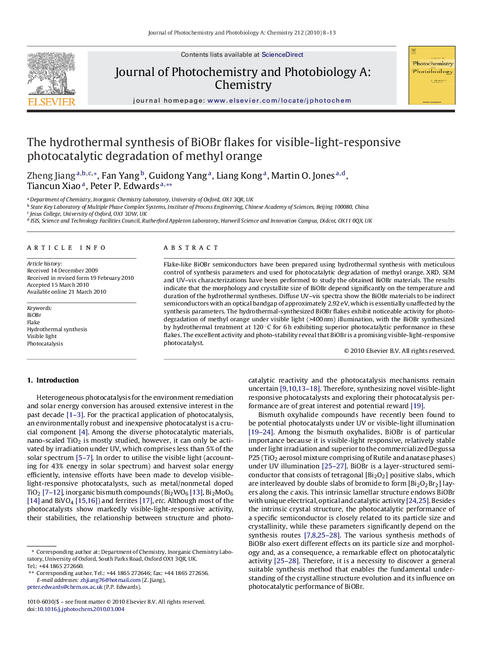 The hydrothermal synthesis of BiOBr flakes for visible-light-responsive photocatalytic degradation of methyl orange