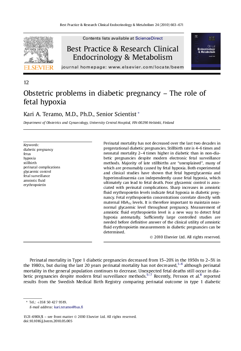 Obstetric problems in diabetic pregnancy – The role of fetal hypoxia