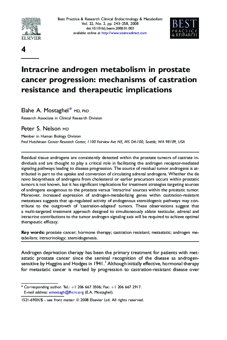 Intracrine androgen metabolism in prostate cancer progression: mechanisms of castration resistance and therapeutic implications