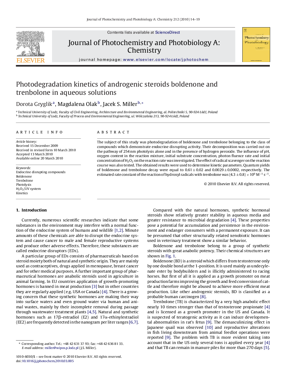 عکس صفحه اول مقاله: Photodegradation kinetics of androgenic steroids boldenone and trenbolone in aqueous solutions Photodegradation kinetics of androgenic steroids boldenone and trenbolone in aqueous solutions